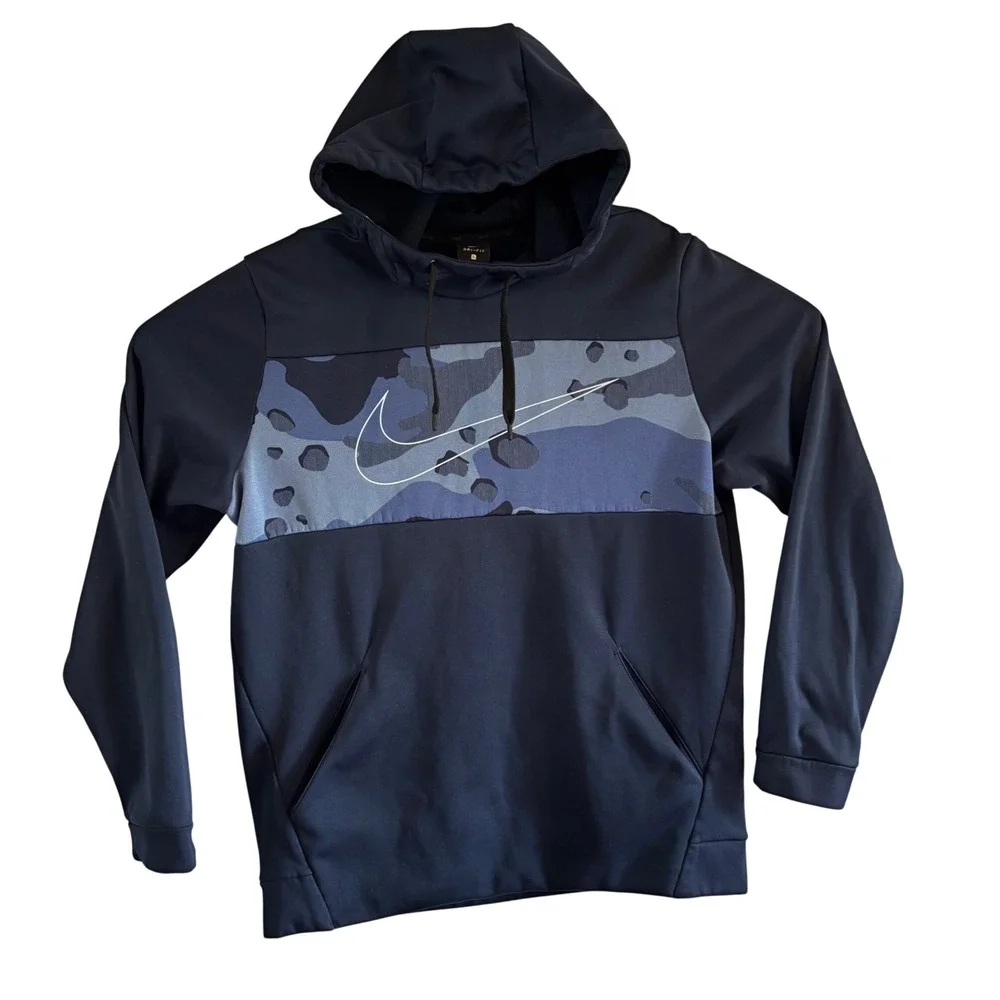 Nike Mens Dri-Fit Camo Swoosh Hoodie Navy Blue Fleece Sweatshirt Large *READ*